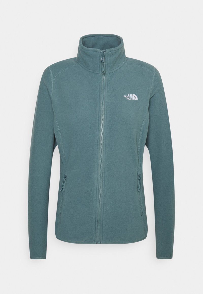 Fleecejacke in gedämpftem Petrol mit hohem Kragen, durchgehendem Reißverschluss und zwei Seitentaschen. Mit dem The North Face-Logo auf der Brust.
