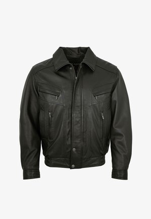 Schwarze Lederjacke mit Frontreißverschluss und Druckknopfverschluss, ausgestattet mit zwei mit Reißverschluss verschließbaren Brusttaschen und zwei mit Reißverschluss verschließbaren Seitentaschen.