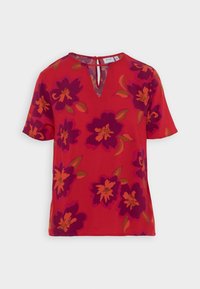 Rød kortærmet bluse med nøglehul-udskæring, prydet med store lilla og orange blomster mønstre, lavet af letvægtsstof.