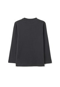 Langärmeliges schwarzes Hemd aus weicher Baumwolle mit rundem Halsausschnitt und geradem Schnitt. Keine sichtbaren Logos oder Muster. Rückansicht gezeigt.