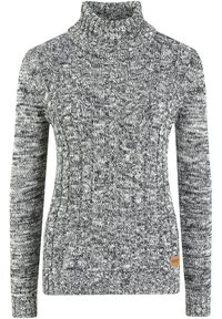 Pull roulé tricoté gris et blanc, présentant un motif torsadé, des manches longues et une petite étiquette logo marron à l'ourlet.