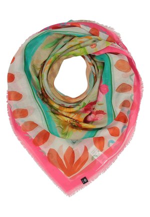 Light beige scarf with pink border, featuring bright orange, green, and yellow floral and leaf patterns, arranged in a circular fold.