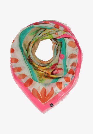 Light beige scarf with pink border, featuring bright orange, green, and yellow floral and leaf patterns, arranged in a circular fold.