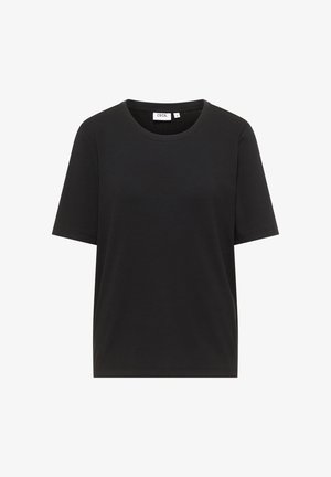 Sort kortærmet T-shirt lavet af et glat, let stof med rund halsudskæring. Indeholder et lille mærke på den indre krave.