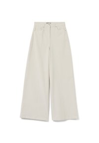 Pantaloni beige a gamba larga in cotone. Presentano una vita alta con bottone e cerniera, due tasche frontali e una texture liscia.