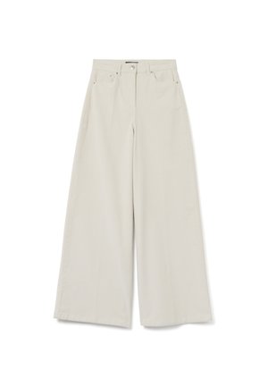 Pantaloni beige a gamba larga in cotone. Presentano una vita alta con bottone e cerniera, due tasche frontali e una texture liscia.