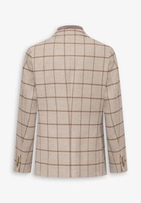 Ljusbeige blazer med brun rutmönstring, enfaldig design, snedskurna slag och knäppta ärmar. Mjukt tyg med minimal sömnad.