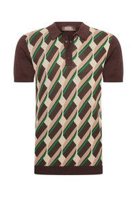 Camisa polo marrón de manga corta con un diseño de patrón geométrico en beige, marrón y verde. Presenta un cuello abotonado y un dobladillo acanalado.