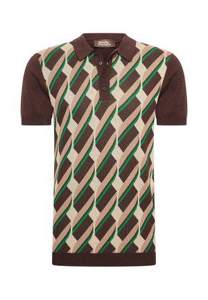 Brown short-sleeve polo shirt with a geometric patterned design in beige, brown, and green. Features a buttoned collar and ribbed hem.