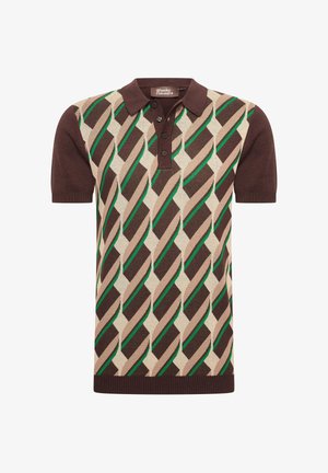 Braunes Poloshirt mit kurzen Ärmeln und einem geometrischen Muster in Beige, Braun und Grün. Mit einem knöpfbaren Kragen und geripptem Saum.