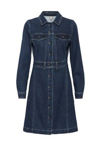 Dunkelblaues Denim-Kleid mit langen Ärmeln, Knopfleiste, Kragen, zwei Brusttaschen mit Knöpfen und Gürtelschlaufen in der Taille.
