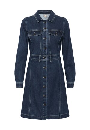 Mörkblå denimklänning med lång ärm, knäppning fram, krage, två bröstfickor med knappar och bälteshällor i midjan.