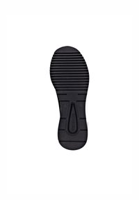 Schwarze Gummisohle mit horizontalen und vertikalen Rillen für den Grip, versehen mit einem runden Logo in der Mitte und einem glatten Zehenbereich.
