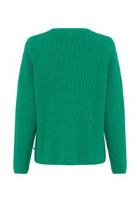 Grøn strikket sweater med ribbet tekstur, med lange ærmer og rund hals. Bagpå er den ensfarvet med sideskår ved sømmen.