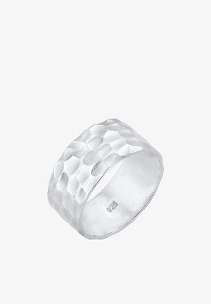 Wide silver ring with a hammered texture, featuring a smooth interior. Marked with "925" for sterling silver content.