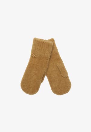 Braune, flauschige Fäustlinge mit einem gerippten Bündchen und einem goldenen "VK"-Logodetail auf einer Seite. Weiche Textur mit runder Form. Keine sichtbaren Muster.