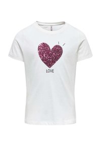 T-shirt en coton blanc avec un grand motif de cœur pailleté rose et le mot "LOVE" en dessous. Manches courtes et col rond.