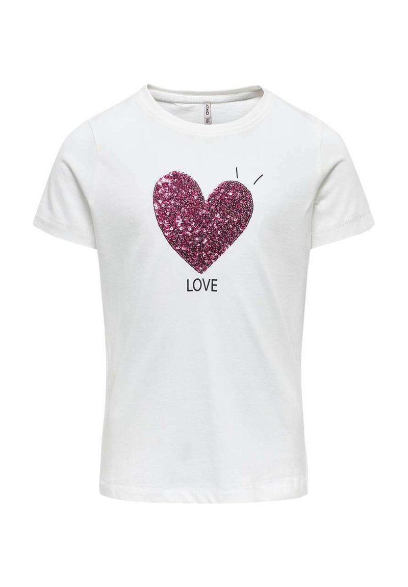 T-shirt en coton blanc avec un grand motif de cœur pailleté rose et le mot "LOVE" en dessous. Manches courtes et col rond.