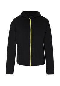 Schwarze Kapuzenjacke mit einem gelben Reißverschluss, mit langen �Ärmeln, seitlichen Taschen und einer weichen Textur. Einfaches, modernes Design.