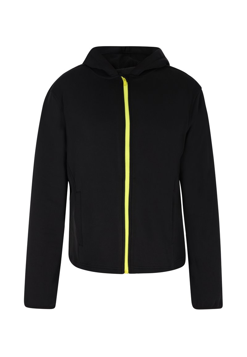 Schwarze Kapuzenjacke mit einem gelben Reißverschluss, mit langen Ärmeln, seitlichen Taschen und einer weichen Textur. Einfaches, modernes Design.