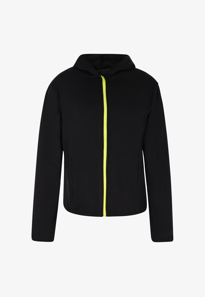 Fekete kapucnis dzseki sárga cipzárral, hosszú ujjakkal, oldalsó zsebekkel és puha tapintással. Egyszerű, modern dizájn.