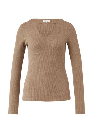 Gerippter Langarm-Pullover in Hellbraun mit weitem V-Ausschnitt und figurbetontem Schnitt, gefertigt aus weichem, strukturiertem Stoff.