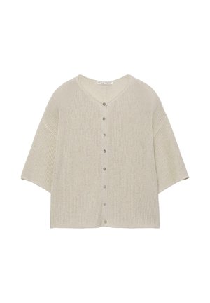 Bézs kötött rövid ujjú kardigán V-nyakú, hat elől gombos, laza szabású, texturált anyagból.