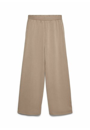 Pantalon beige à jambes larges avec une taille élastique, une texture douce et un design simple, sans ornements.