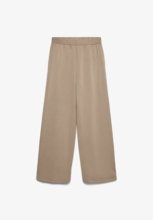 Beežid laiade jalgadega püksid elastse vöökohaga, pehme tekstuuriga ja lihtsa, kaunistusteta disainiga.