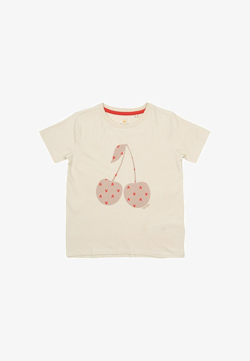 Balta trumpa rankovėmis marškinėliai su šviesiai rožiniu vyšnių motyvu, kuris turi mažų raudonų širdelių, ir raudonai akcentuotu iškirpimu.