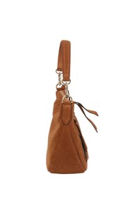 Braune Handtasche aus Wildleder mit Reißverschluss, seitlicher Reißverschlusstasche und einem Leder-Schulterriemen. Mit einer verjüngten Form und minimalen Ziernähten.