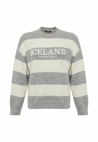 Pull rayé gris et blanc avec un col rond et le texte "ICELAND" en lettres majuscules sur la poitrine. Tissu doux et texturé.