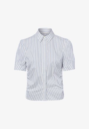 Witte blouse met korte mouwen met dunne blauwe verticale strepen, een puntige kraag en lichte pofmouwen.