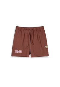 Bruine, katoenen shorts met een elastische tailleband en trekkoord. Kenmerkt zich door een zijlogo en een kleurrijk tekstontwerp aan de voorkant.
