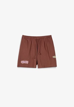 Braune Baumwollshorts mit elastischem Bund und Kordelzug. Mit seitlichem Logo und farbigem Textdesign auf der Vorderseite.