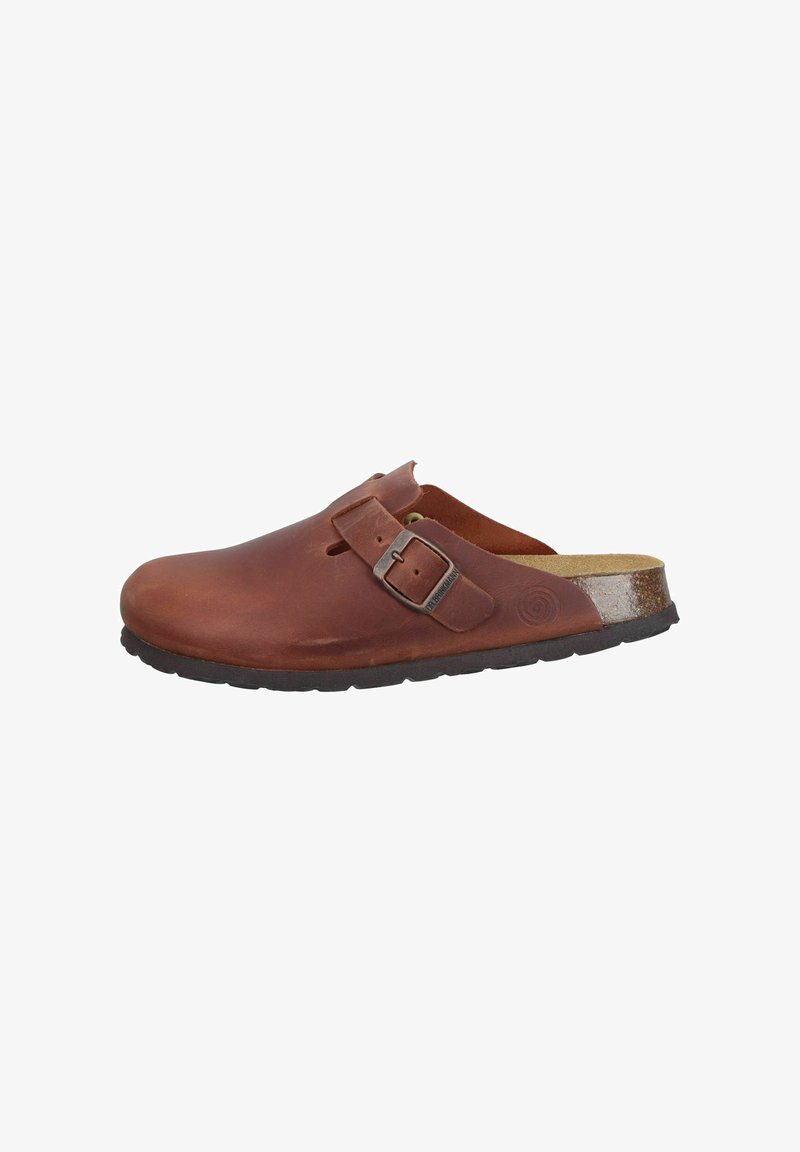 Brown leather clog with a round toe, side buckle, cork footbed, and textured rubber outsole. Features a smooth finish and slight sheen.