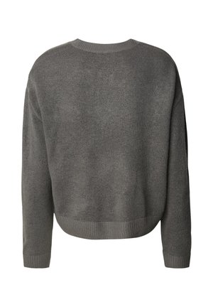 Szary dziany sweter z okrągłym dekoltem, obniżonymi ramionami i żebrowanym wykończeniem. Miękka textura i prosty design bez widocznych wzorów.