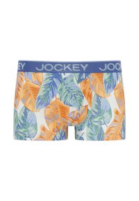 Boxer da uomo con un motivo di foglie tropicali multicolori in verde, arancione e blu su uno sfondo bianco. Vita elastica blu.