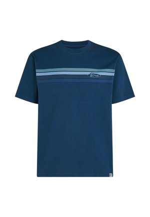 Navyblå bomulds-t-shirt med korte ærmer, rund hals og vandrette striber i forskellige blå nuancer over brystet.