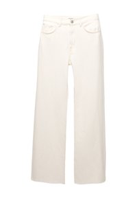 Jean blanc taille haute à jambes larges, avec bouton devant, fermeture éclair et design à cinq poches sur fond uni.
