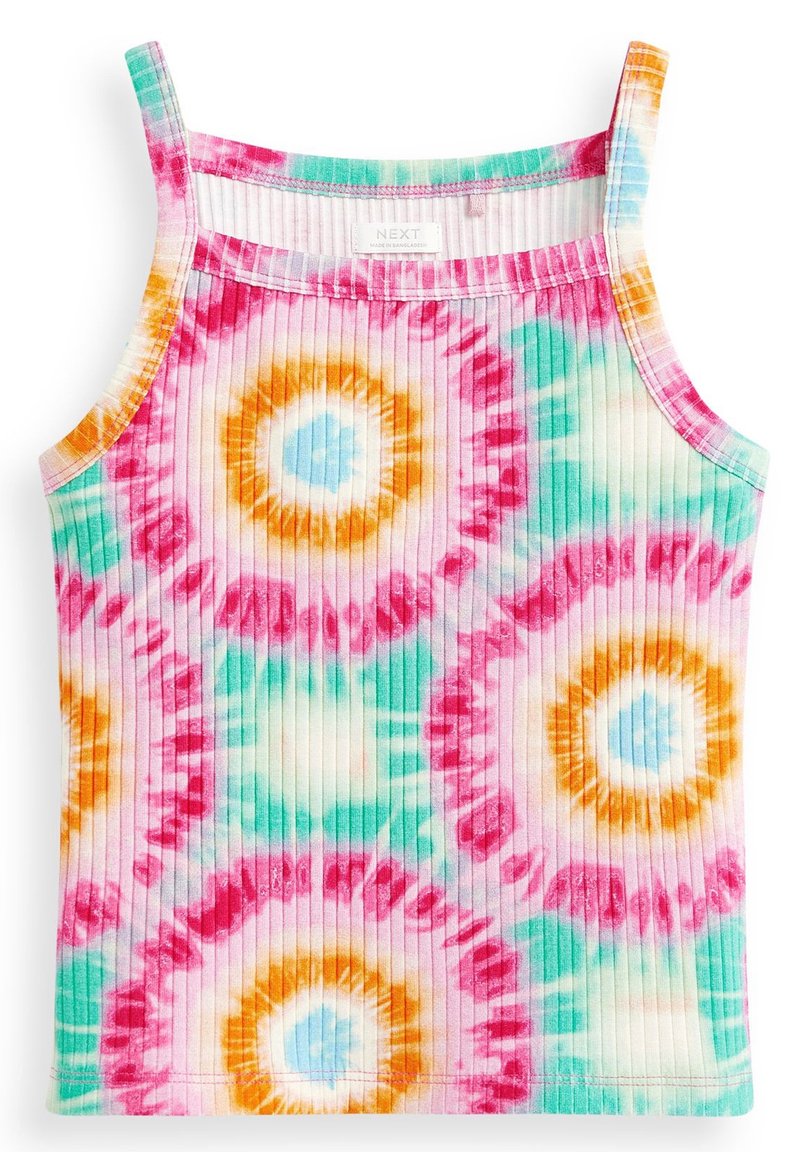 Multifarvet tie-dye top med ribbet tekstur, pink, blå, grøn, orange og hvide cirkulære mønstre. Justerbare spaghetti-stropper.