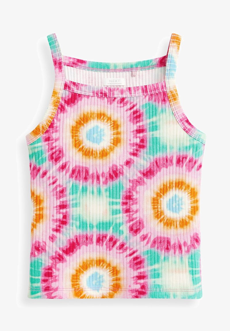 Multifarvet tie-dye top med ribbet tekstur, pink, blå, grøn, orange og hvide cirkulære mønstre. Justerbare spaghetti-stropper.