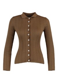 Brun, ribbad långärmad cardigan med krage och knappstängning framtill, prydd med vita knappar och en figurnära silhuett.