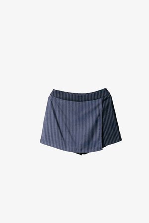 Navy blue striped skort with a pleated front, made of lightweight fabric, features a waistband and a straight-cut design.