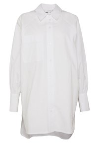 Camicia bianca a maniche lunghe in cotone con chiusura frontale a bottoni, taschino singolo e polsini arricciati, caratterizzata da un colletto classico e orlo dritto.