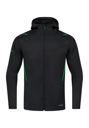 Schwarzer Kapuzenpullover mit Reißverschluss, langen Ärmeln, grünen Akzenten an Schultern und Seiten sowie enger Kapuze, dargestellt auf schlichtem weißem Hintergrund.