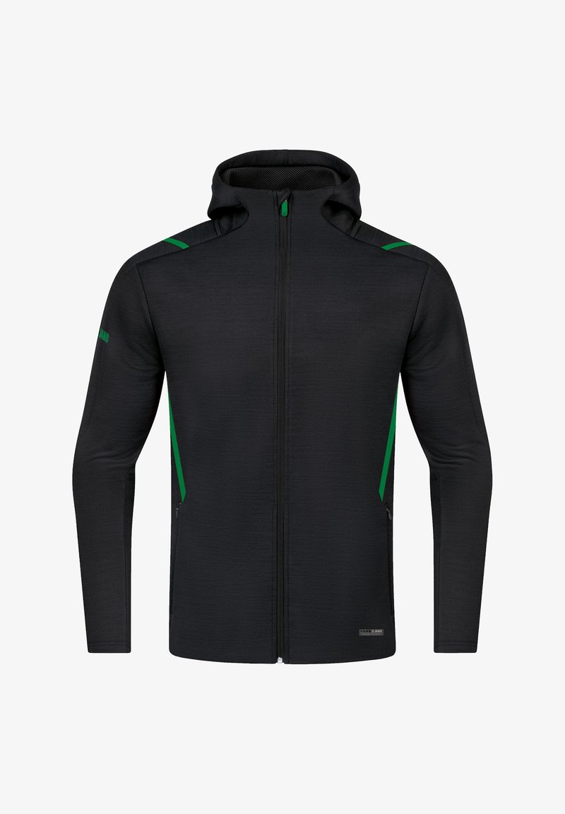 Sweat à capuche noir zippé avec manches longues, accents verts sur les épaules et les côtés, et capuche ajustée, présenté sur fond blanc uni.