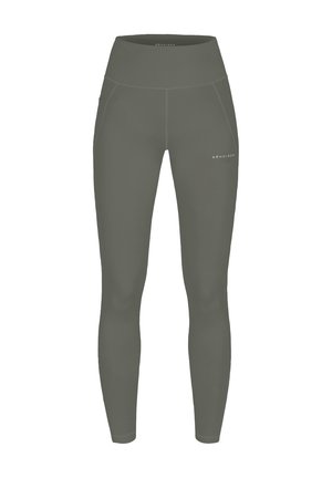 Leggings aderenti a vita alta di un verde oliva tenue, realizzati in tessuto elasticizzato, con tasche laterali e un logo discreto sulla coscia.