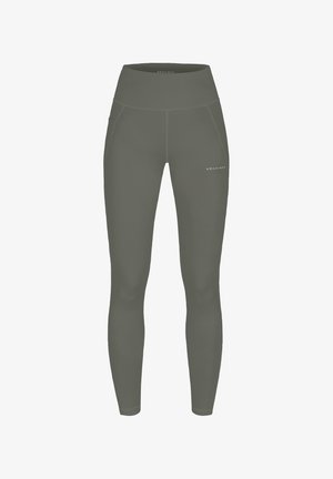 Leggings de cintura alta y ajustados en un verde oliva suave, fabricados con tela elástica, con bolsillos laterales y un logotipo sutil en el muslo.