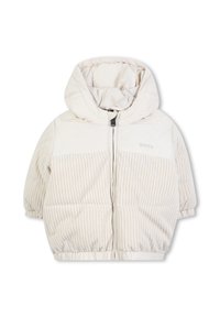 Giacca a vento in crema, con cappuccio, texture a coste sulle maniche, tessuto del corpo liscio e zip frontale con dettaglio del logo.